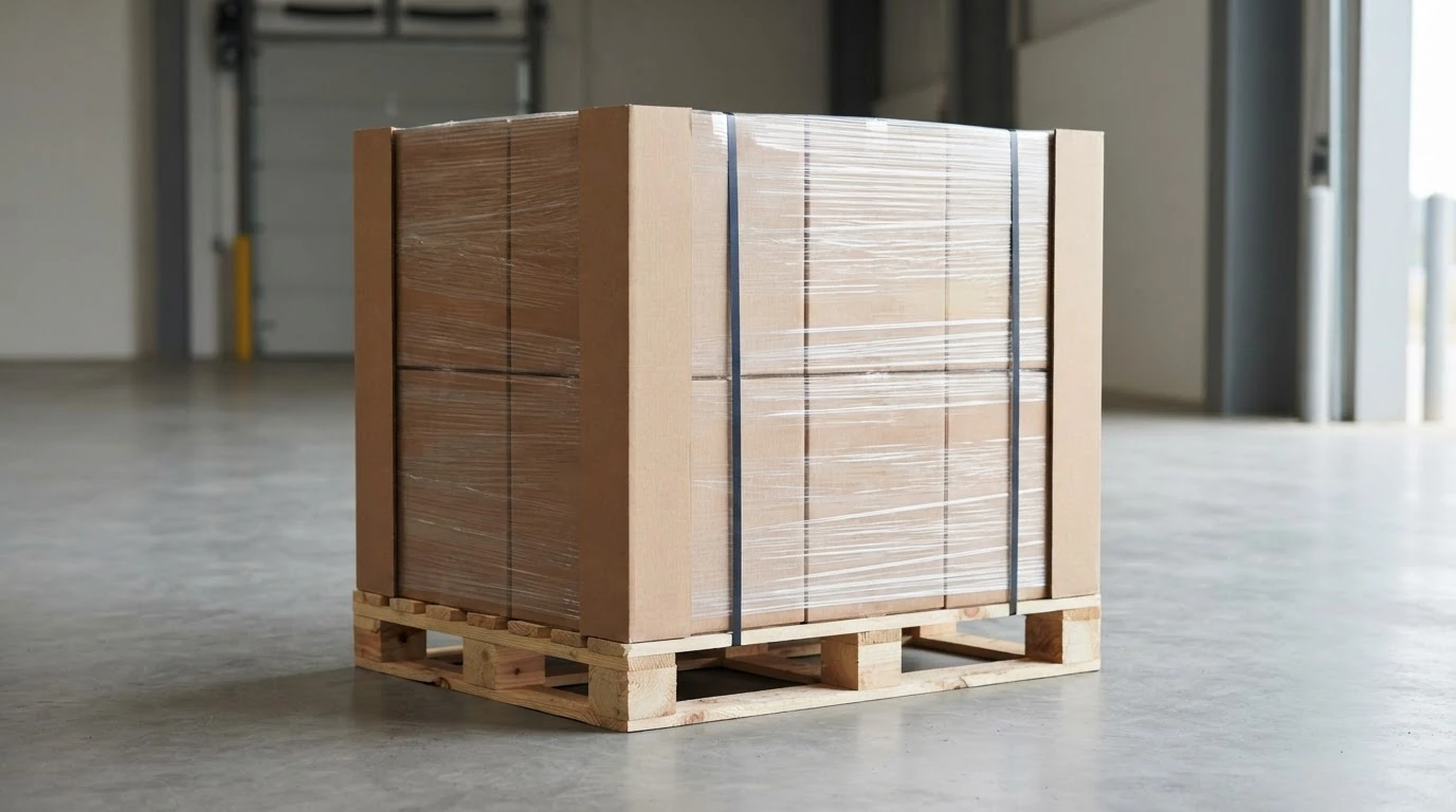 A stable pallet of plain cartons secured with edge boards, bands, and clear stretch wrap