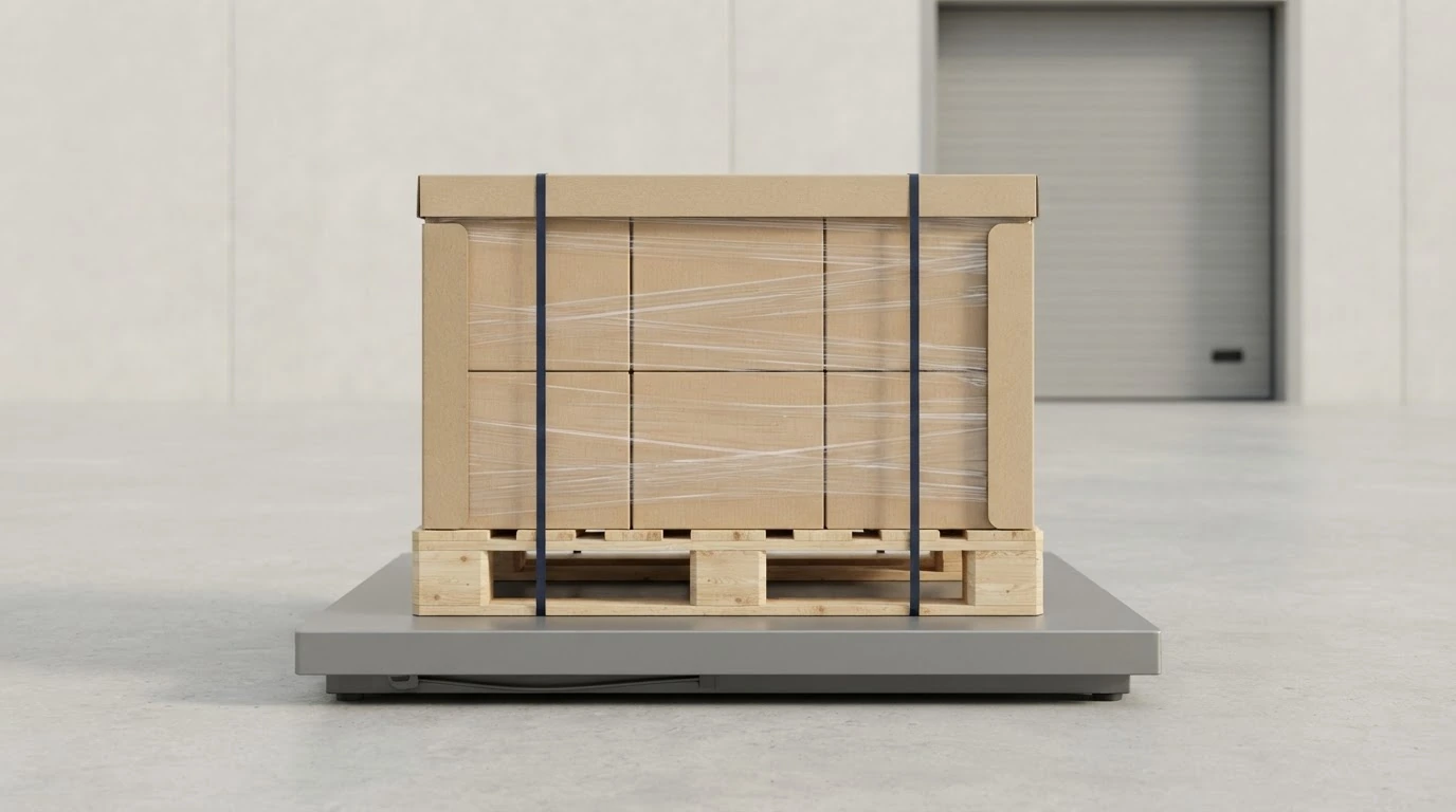 A compact, securely wrapped LTL pallet positioned on a warehouse floor scale.