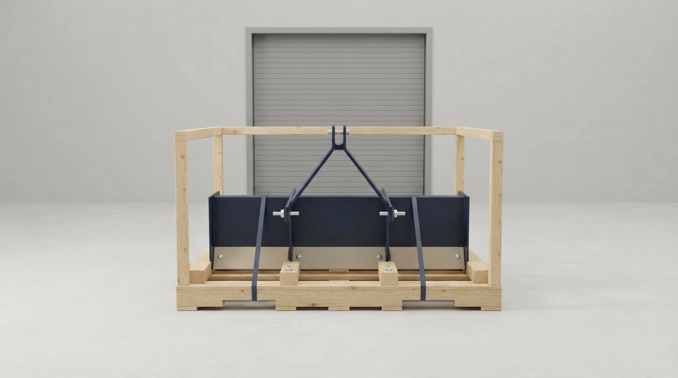 A compact agricultural box-blade implement secured to a protective forkliftable shipping skid.