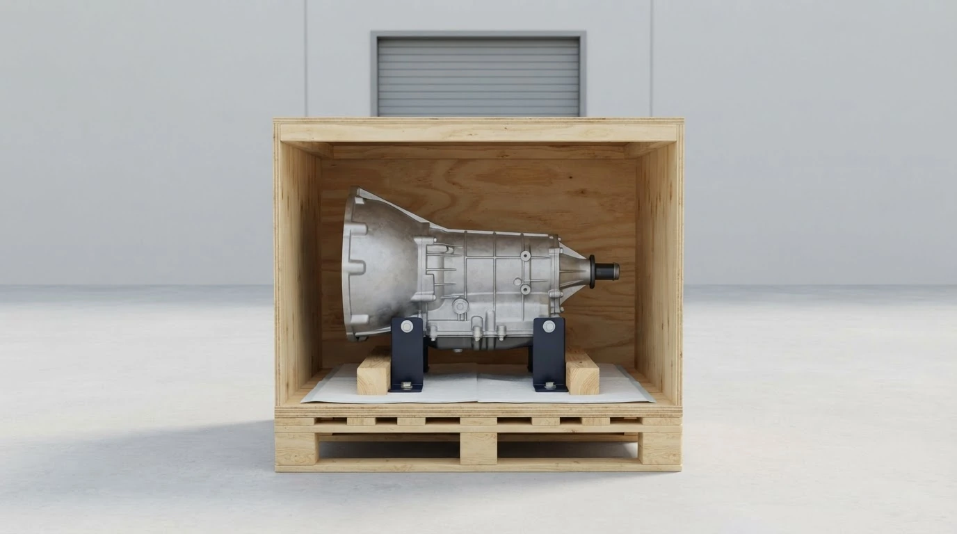 A sealed automotive transmission assembly secured inside a reinforced palletized shipping crate.
