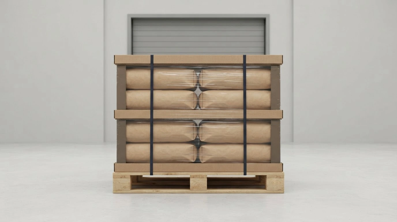 A stable palletized load of bagged dry building material secured with trays, edge boards, wrap, and bands.