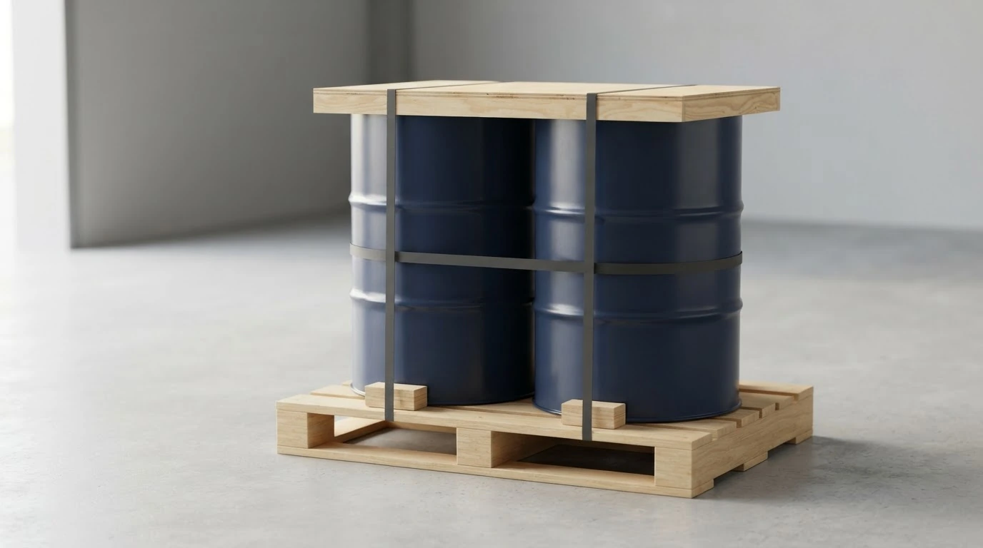 A pallet of 55-gallon drums secured with banding and stretch wrap, ready for LTL freight pickup.