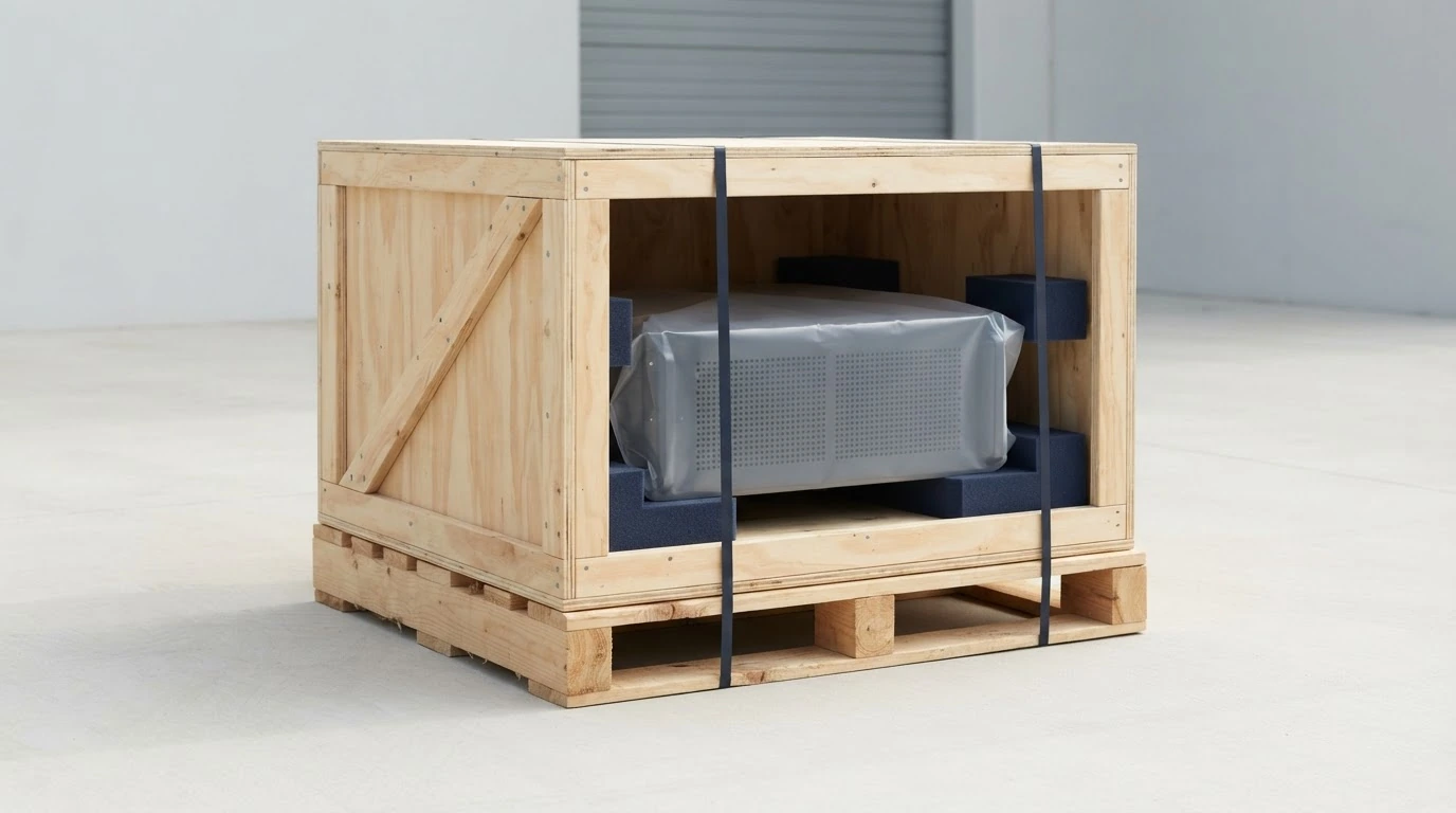 A rack-mount network server protected in a fitted palletized electronics shipping crate.