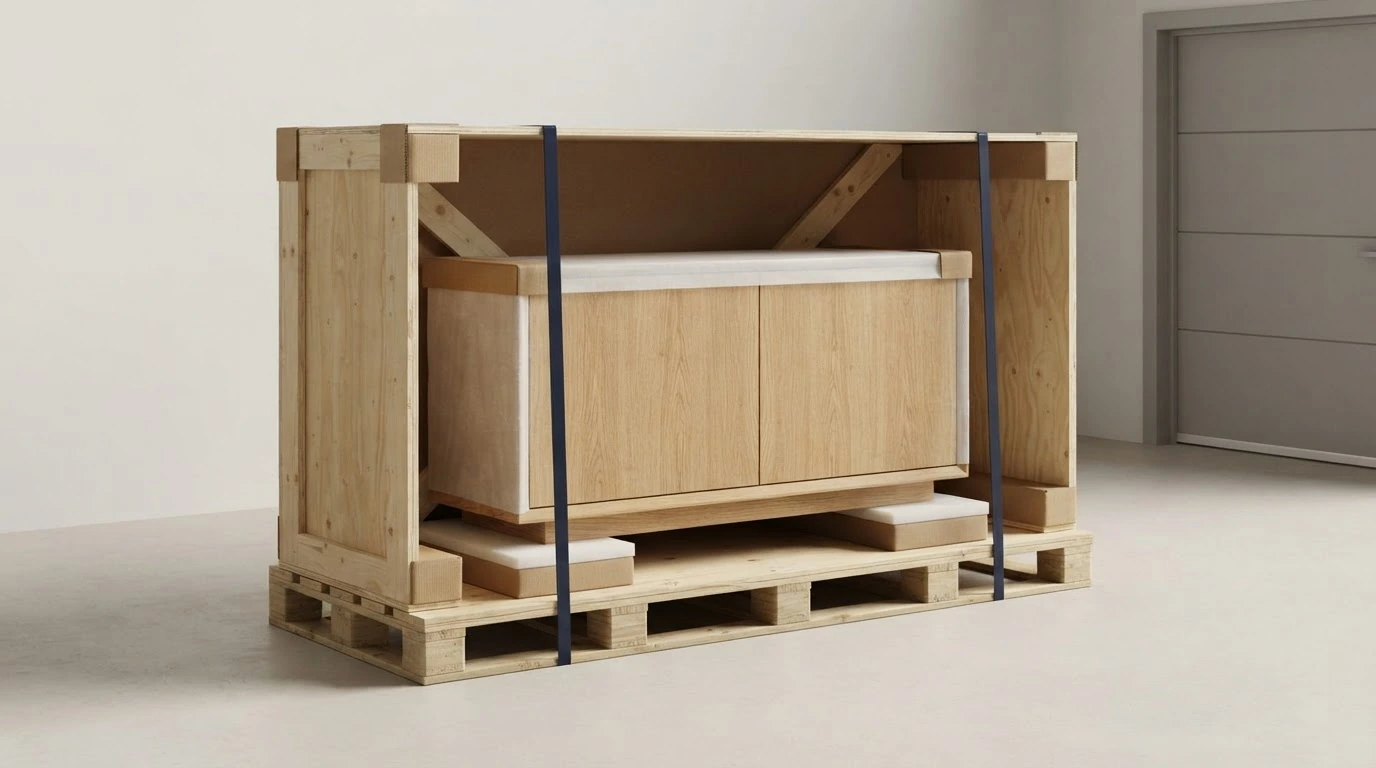 An assembled wooden sideboard protected inside a reinforced palletized shipping crate.