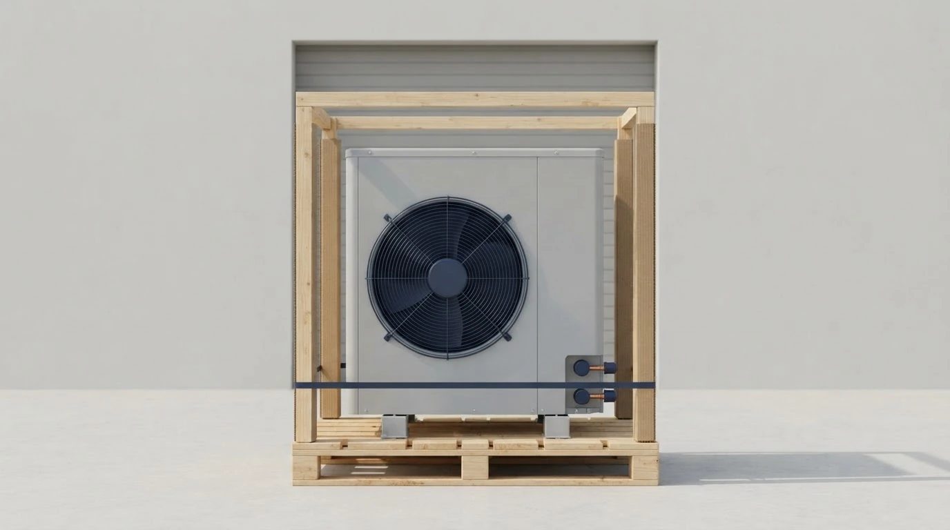 An outdoor HVAC condenser cabinet secured upright within a protective palletized shipping frame.