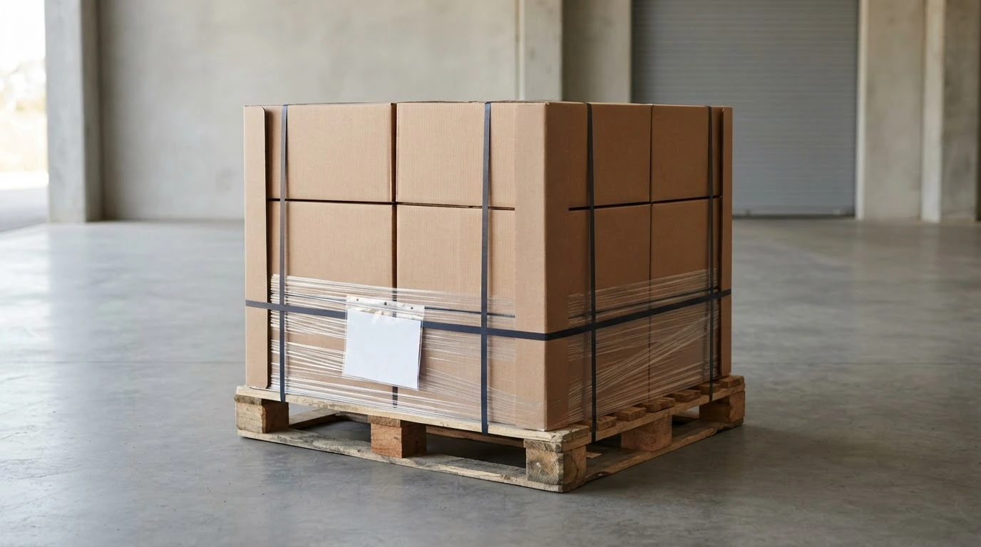 A secured pallet of plain cartons with a blank document pouch in a clean freight inspection bay