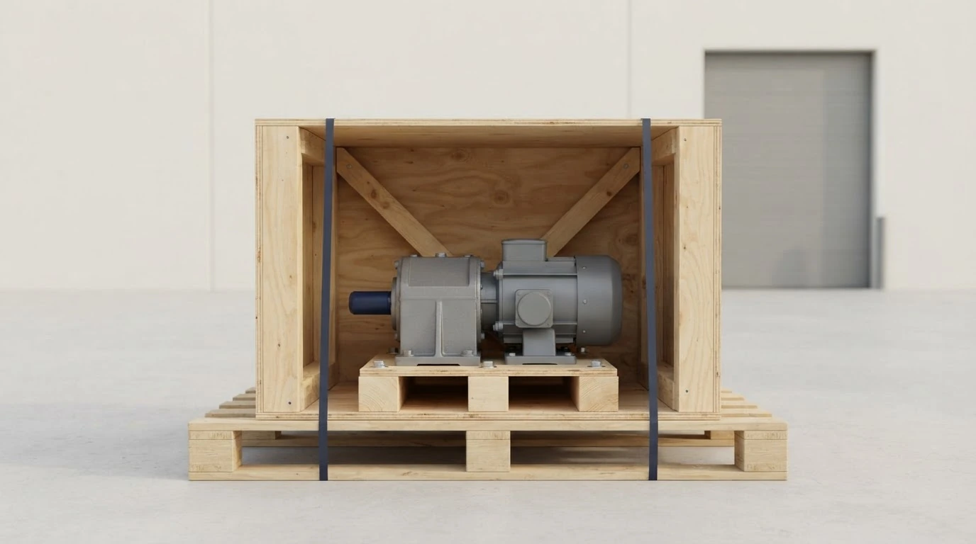 A compact industrial gearbox and motor secured inside a reinforced palletized shipping crate.