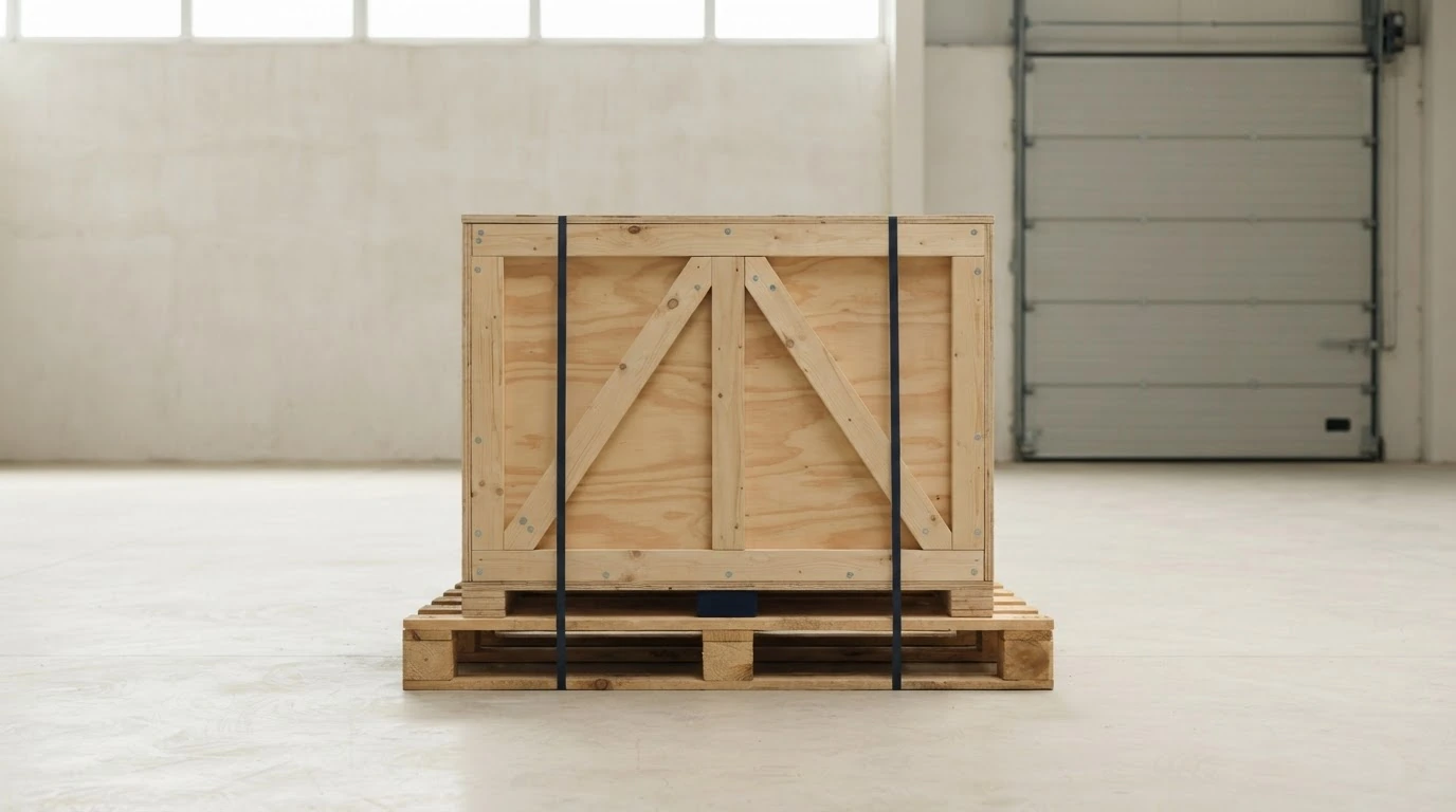 A closed reinforced medical-equipment shipping crate secured on a freight pallet.