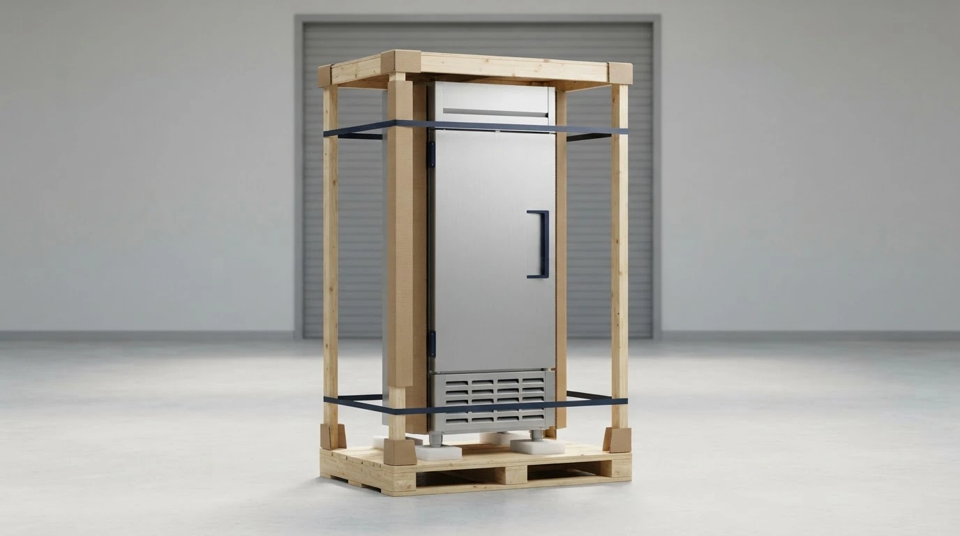 A commercial reach-in refrigerator secured upright within a protective palletized shipping frame.