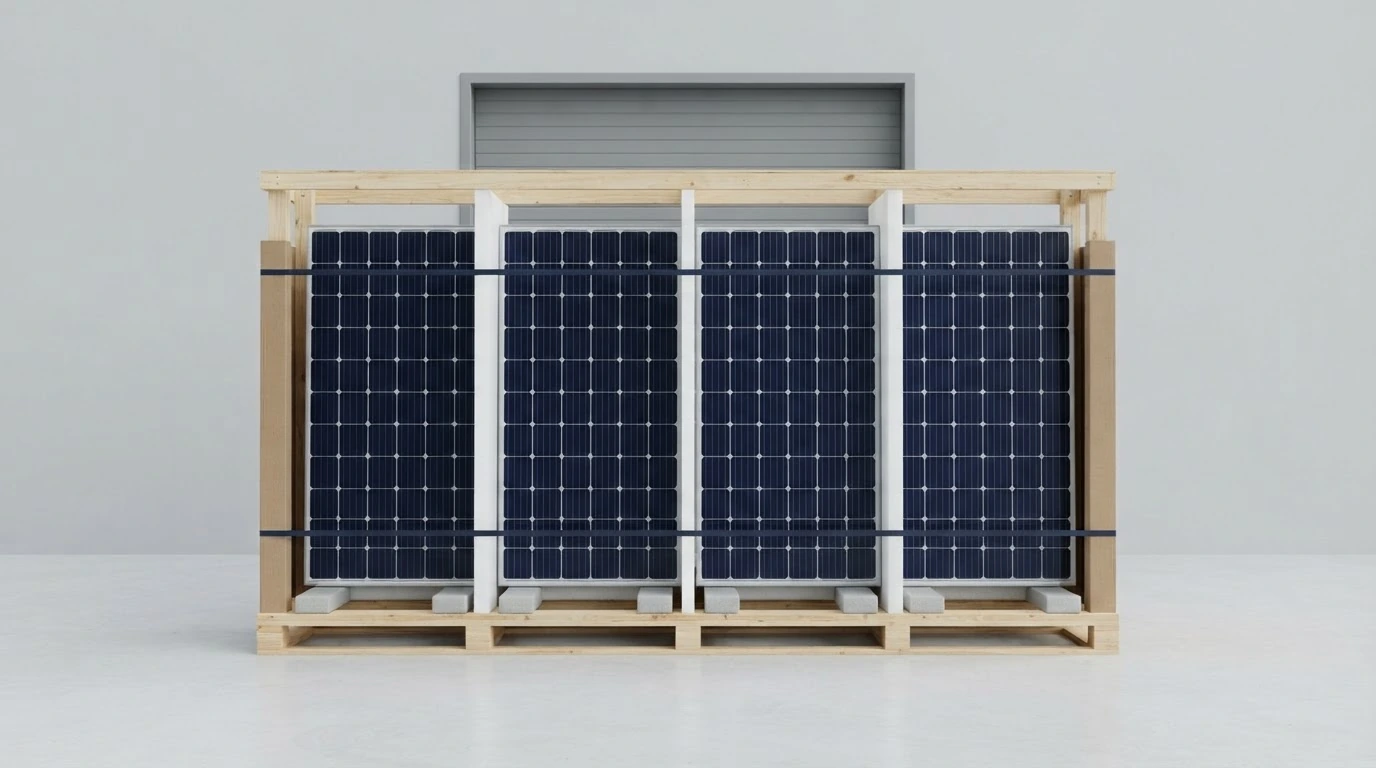 Four photovoltaic modules secured upright inside a protective palletized shipping frame.