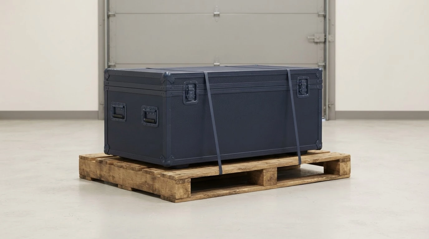 A closed reusable trade show road case secured on a freight pallet.