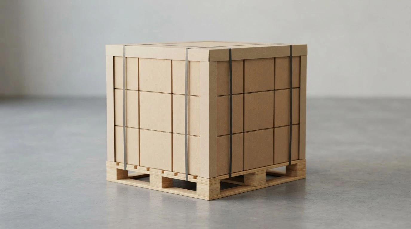 Cardboard boxes stacked in a flush column pattern on a wooden pallet, wrapped and ready for LTL pickup.