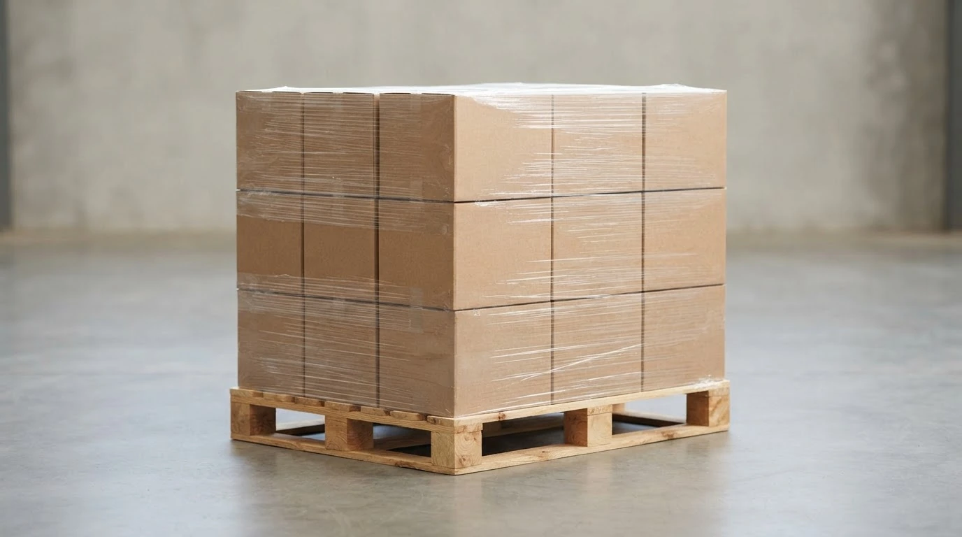 A wrapped pallet on a warehouse floor showing stretch film overlapping the load.