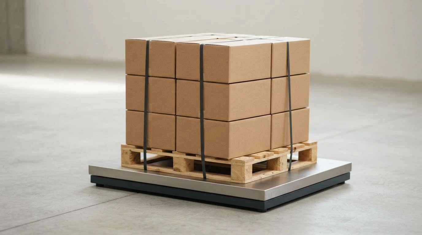 Wrapped pallet being weighed on a floor scale, with dimensions and weight noted for the bill of lading