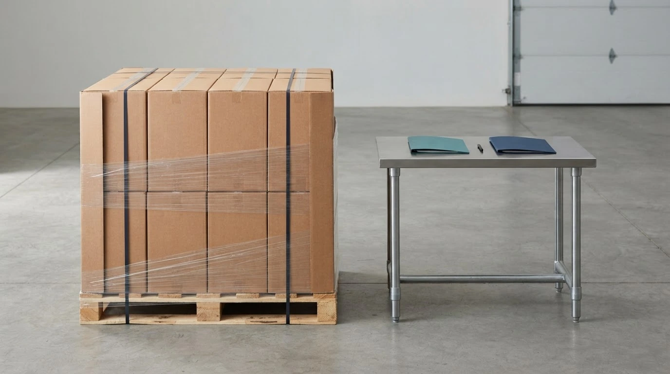 A secured pallet beside two blank classification reference folders