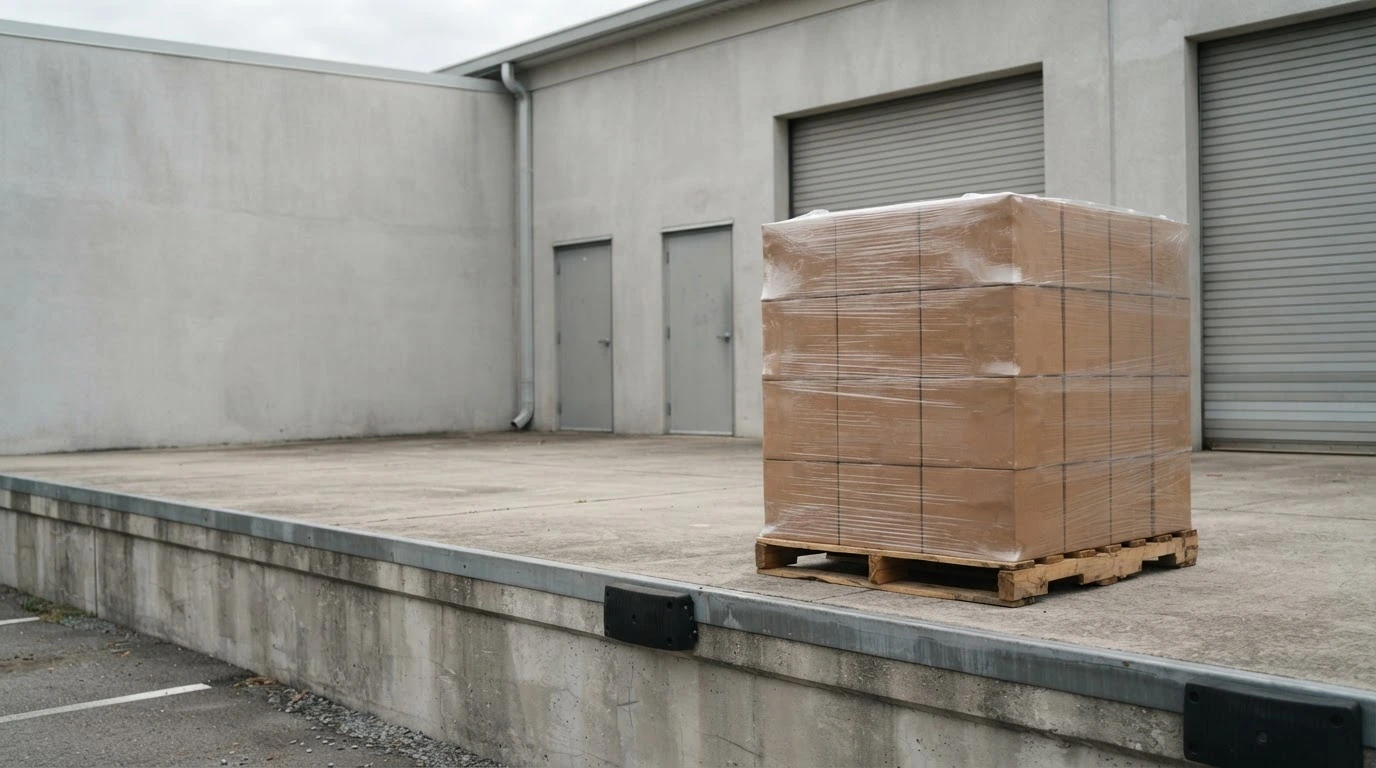 A secured pallet staged at the entrance of a clean commercial loading area for LTL pickup.