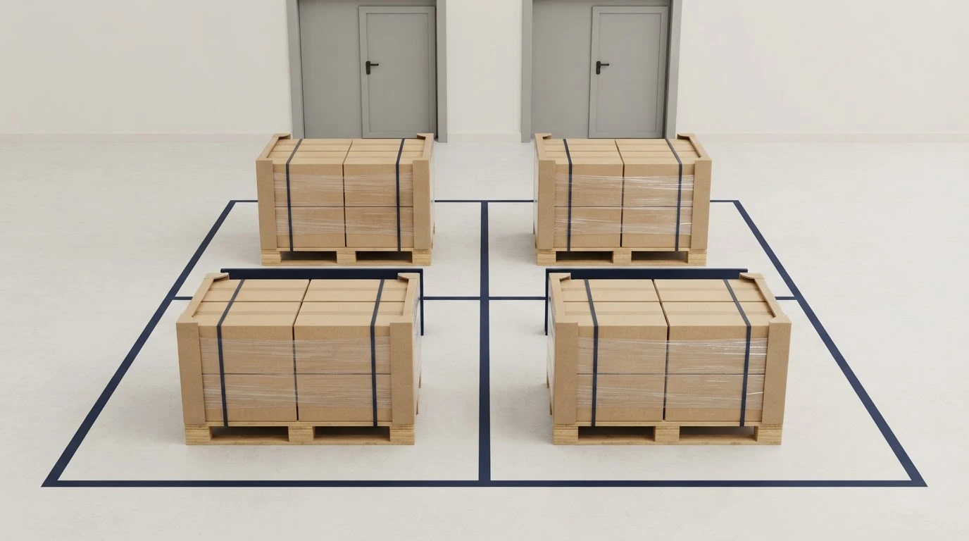 Four identical secured pallet loads organized in a warehouse comparison grid for an LTL cost review.