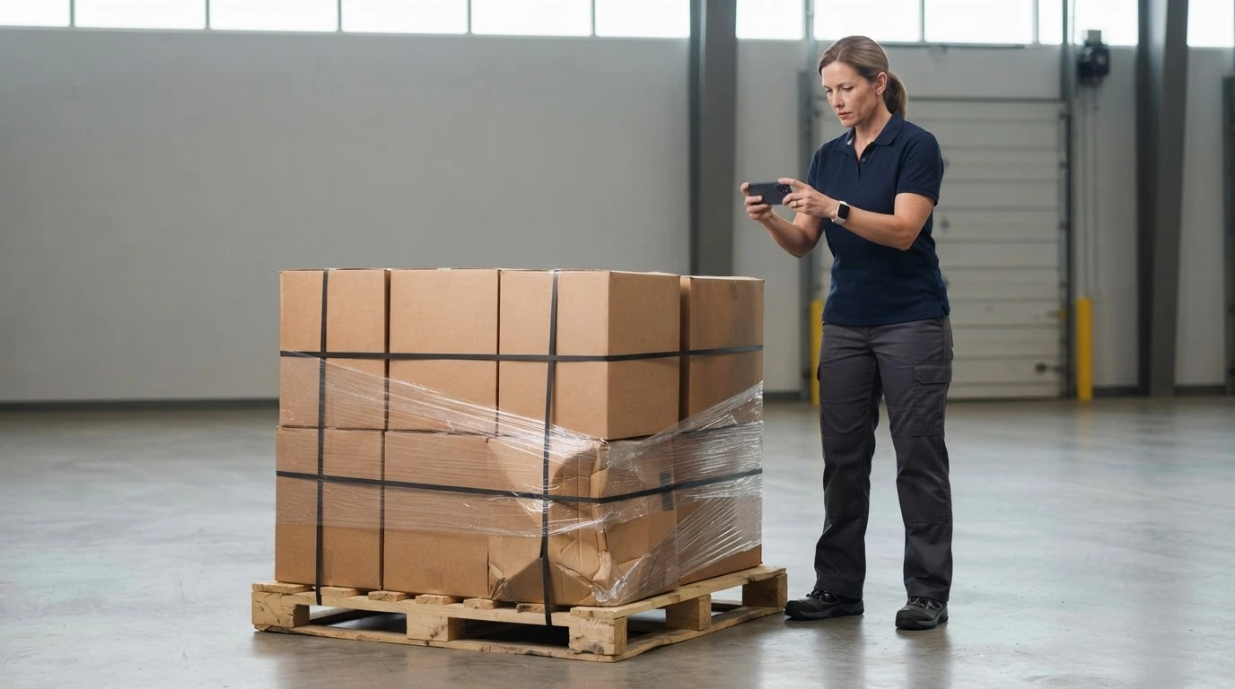 A receiving specialist photographs a crushed corner on one secured LTL pallet before further handling.