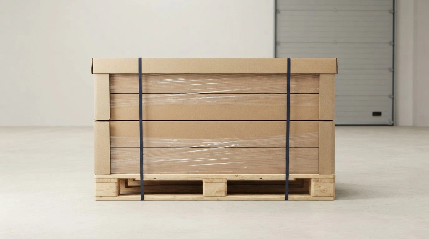 A secured pallet of long flat-pack furniture cartons prepared in a clean e-commerce fulfillment bay.