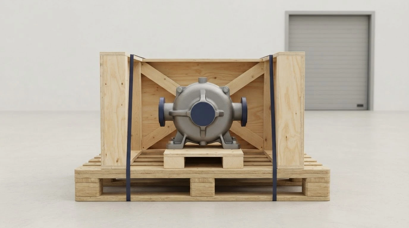A generic capped industrial pump housing secured inside a reinforced palletized plywood shipping crate.