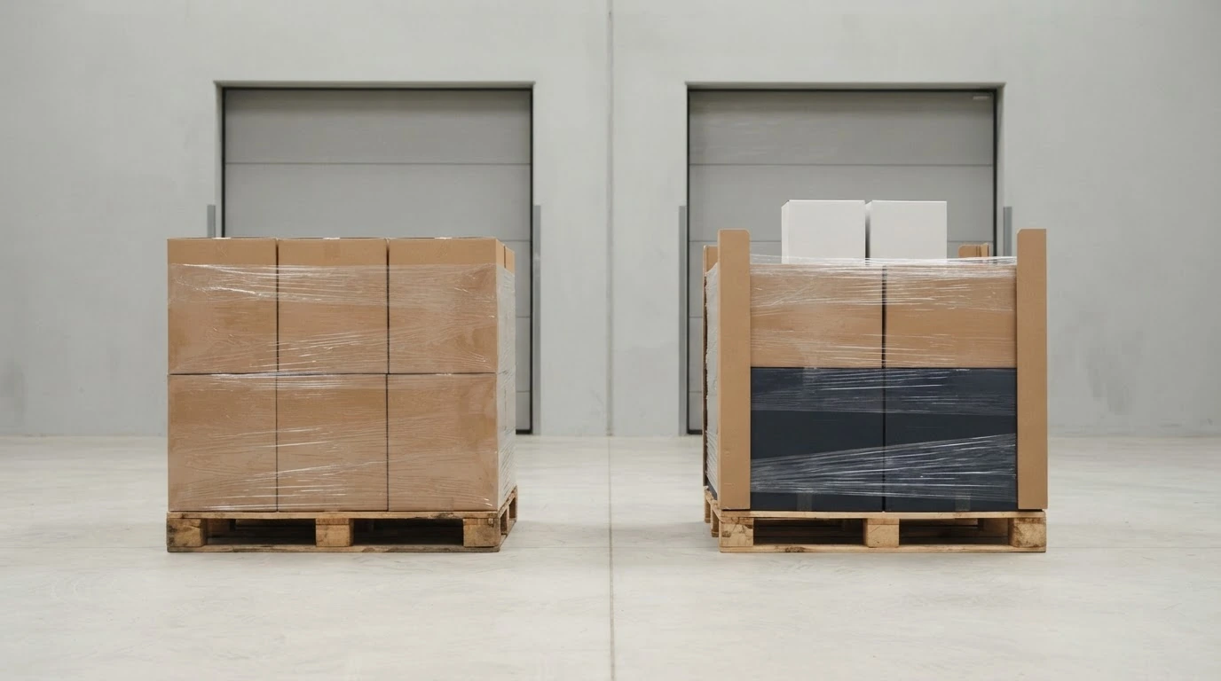 Two stable wholesale pallets separate uniform case goods from a mixed-SKU replenishment load.