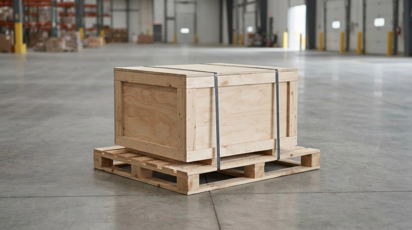 A wrapped 48-by-40-inch wooden pallet loaded with boxed freight, sitting next to a forklift on a warehouse floor to illustrate LTL pallet weight limits.