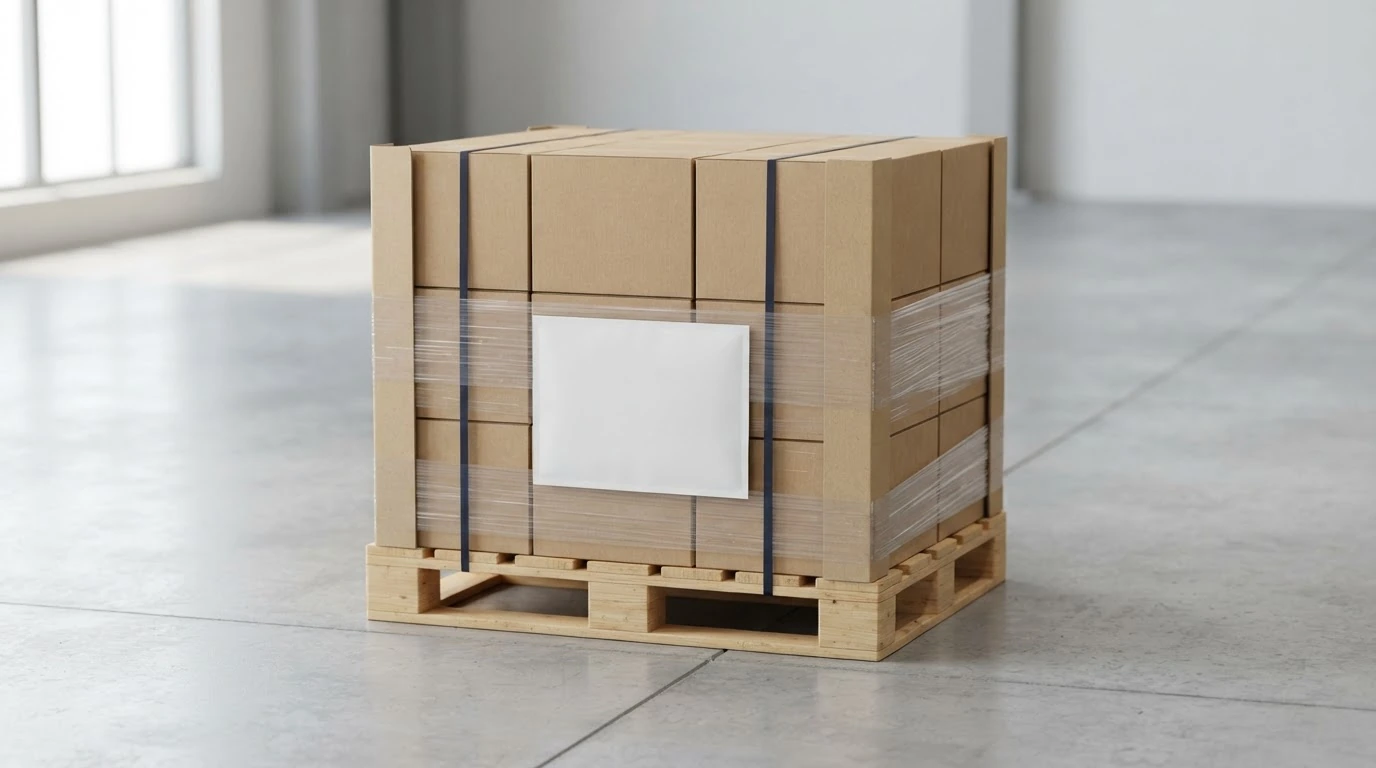 A stable wrapped freight pallet with corner protection and a blank label pouch.