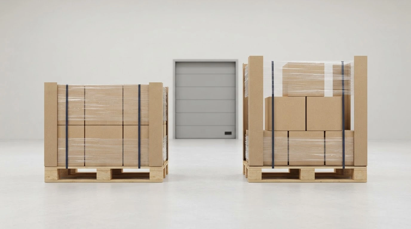 A compact rectangular pallet load beside a taller stepped pallet load in a clean warehouse packaging bay.