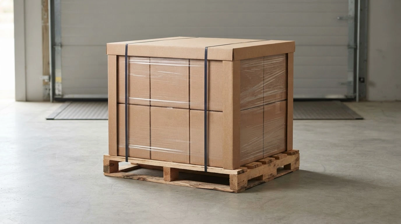 Pallet wrapped in stretch wrap and labeled, staged near a loading dock for LTL pickup