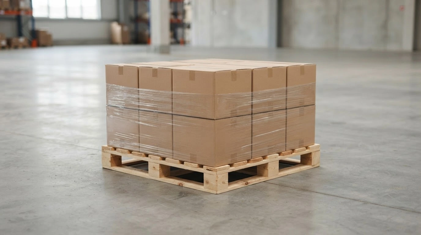Wrapped pallet showing the packaged dimensions, weight, and freight class inputs that drive LTL shipping cost