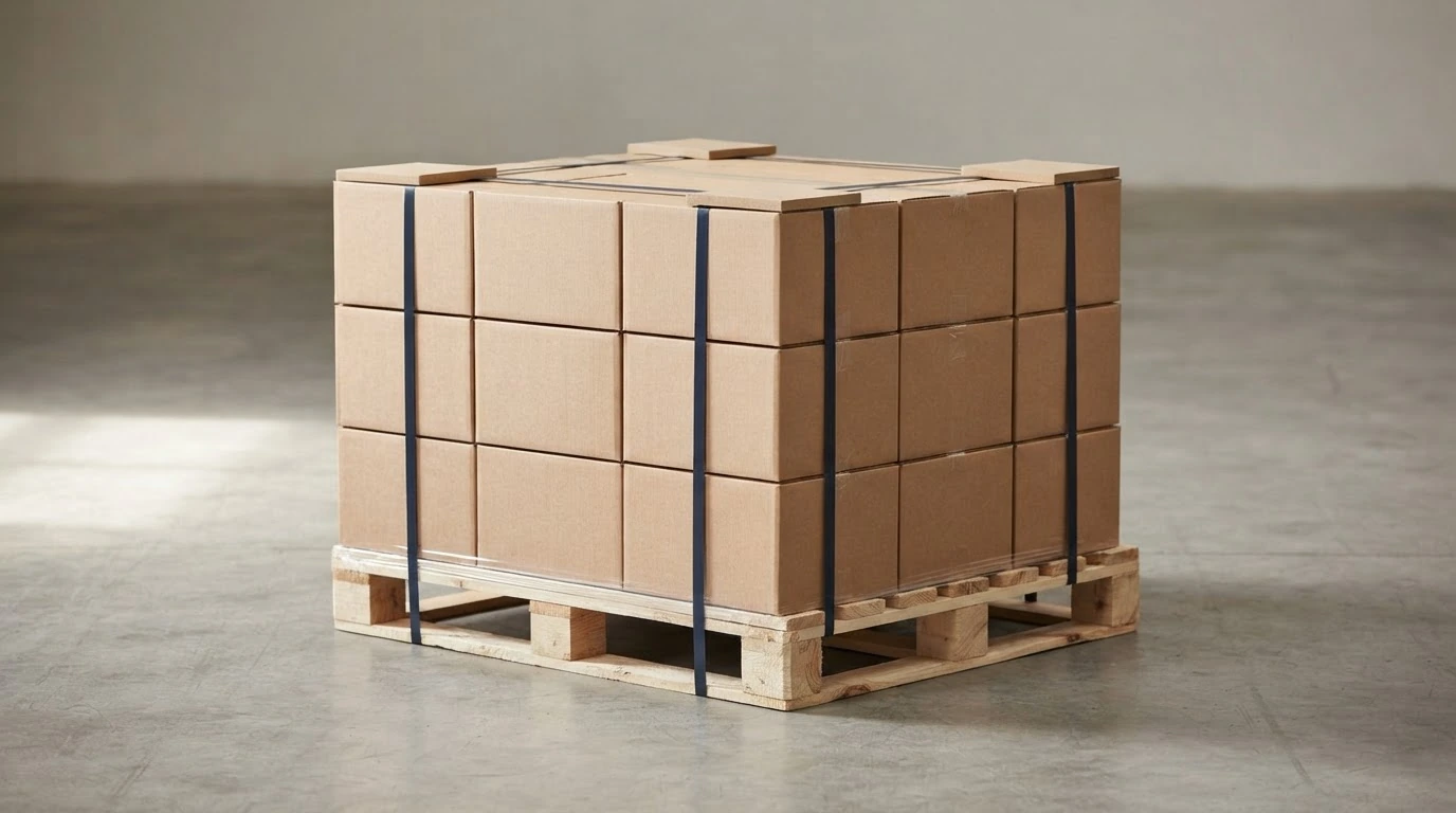 A stretch-wrapped pallet secured with horizontal strapping bands, ready for LTL freight pickup