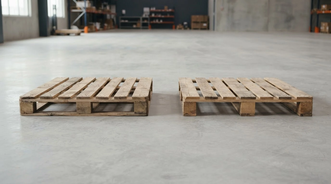 Side-by-side comparison of a four-way entry pallet and a skid, showing the bottom deck and the open runner construction.