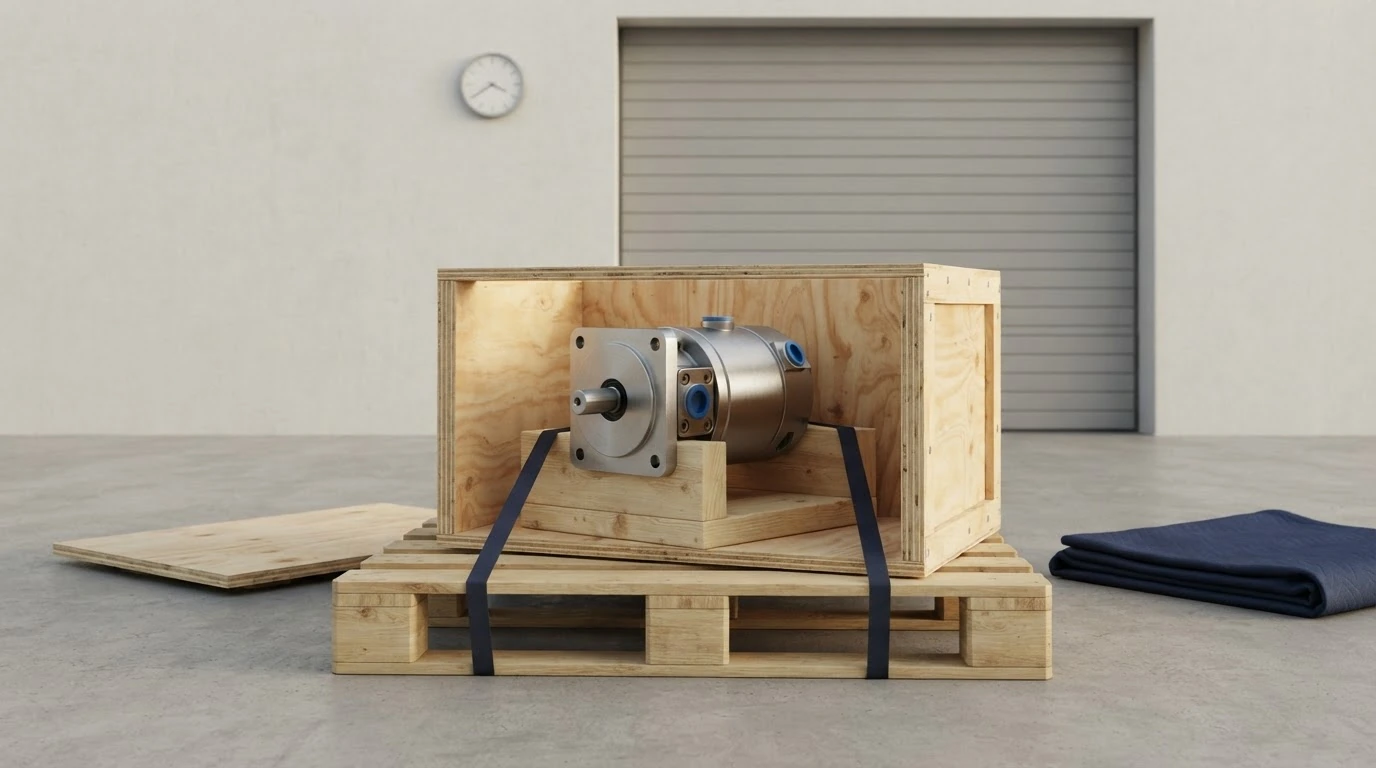 A secured industrial replacement part in a freight-ready wooden crate.