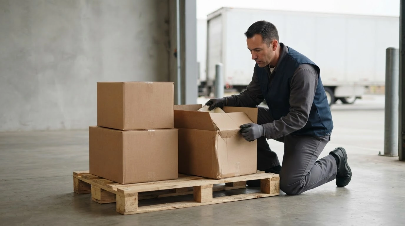 A warehouse receiver inspects a palletized carton for visible or concealed freight damage.
