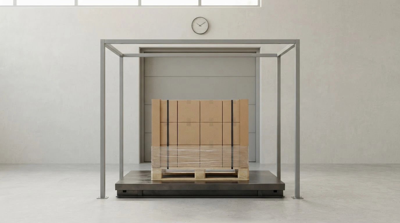 A secured pallet centered on a freight scale within a dimensioning frame.