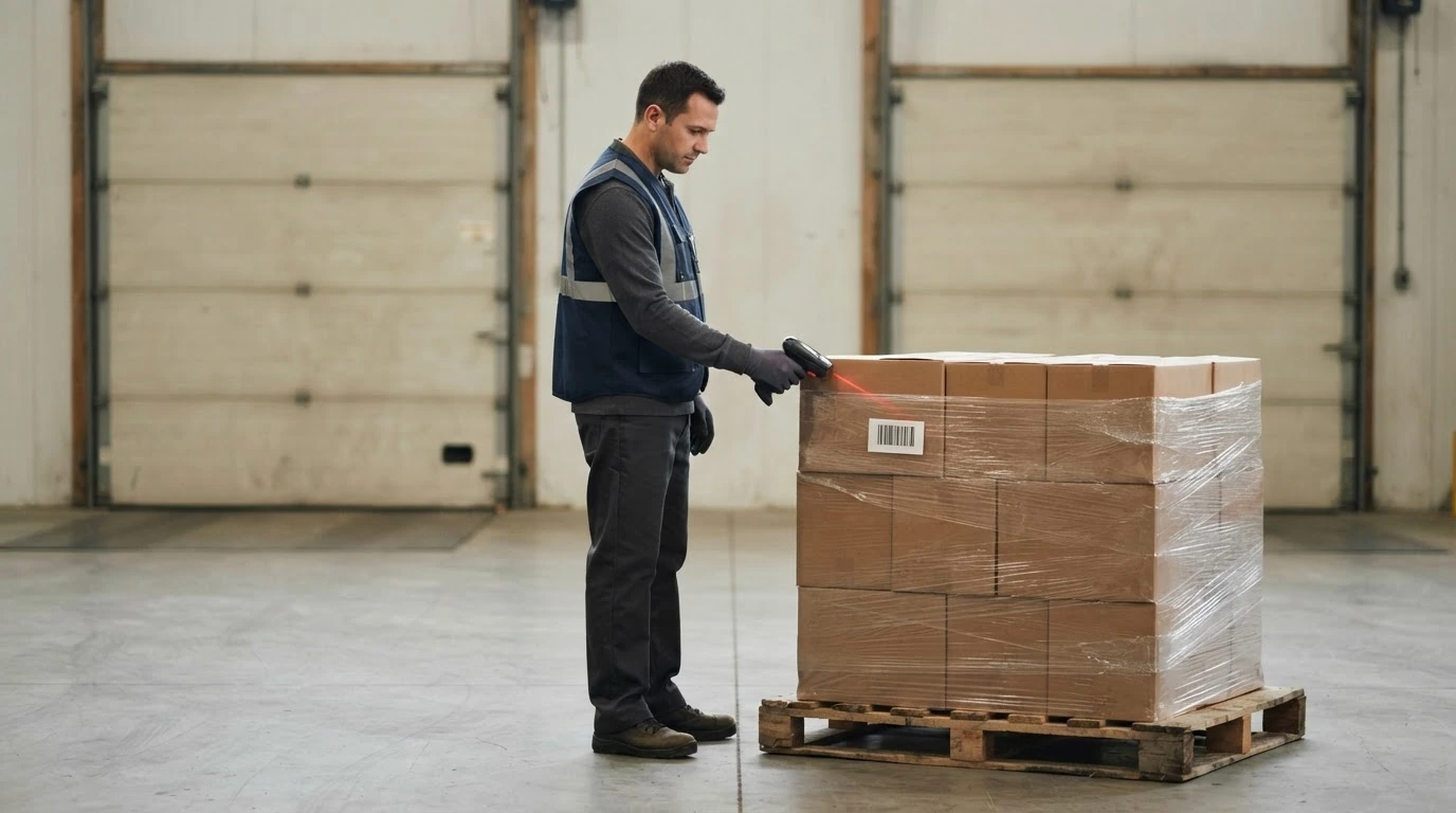 A dock worker scans one wrapped pallet staged inside a quiet freight terminal.