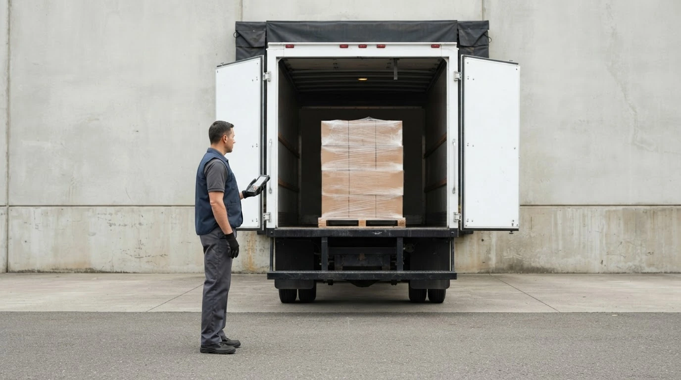 An unbranded LTL delivery truck backs toward a commercial dock with one wrapped pallet visible inside.