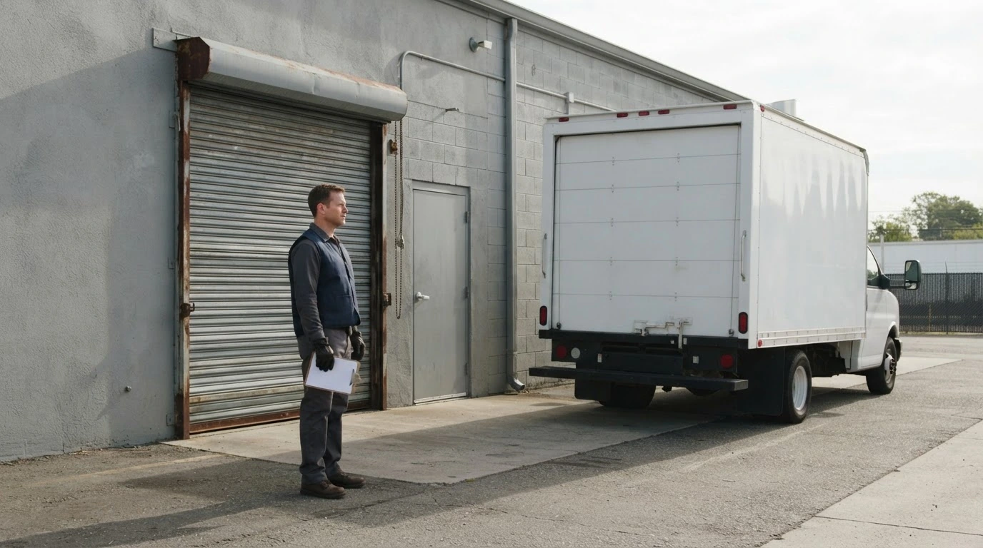 A freight driver stands beside an unbranded truck at a closed commercial receiving entrance.