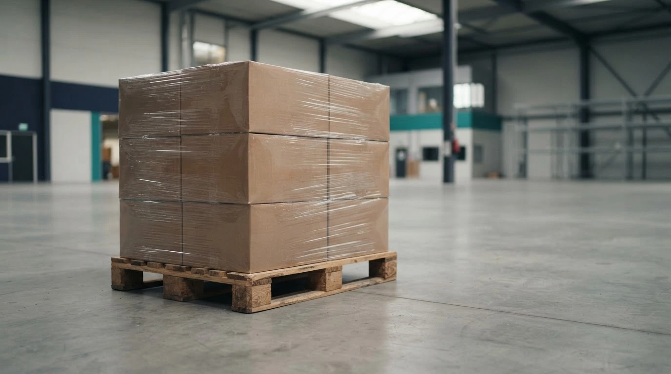 A single fully wrapped pallet staged in a clean freight preparation area before quoting.