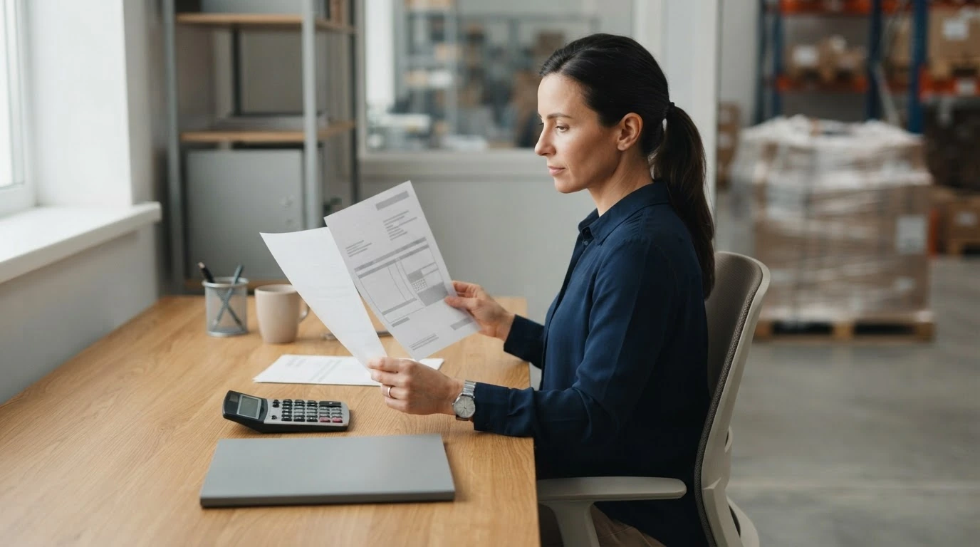 A logistics analyst compares freight billing documents at a warehouse office desk.