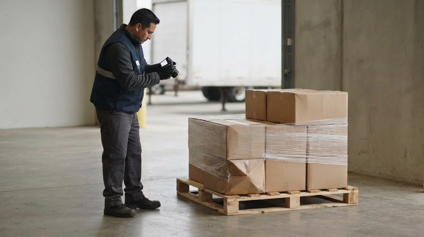 A warehouse receiver photographs a modestly damaged carton on a pallet at a freight receiving area.