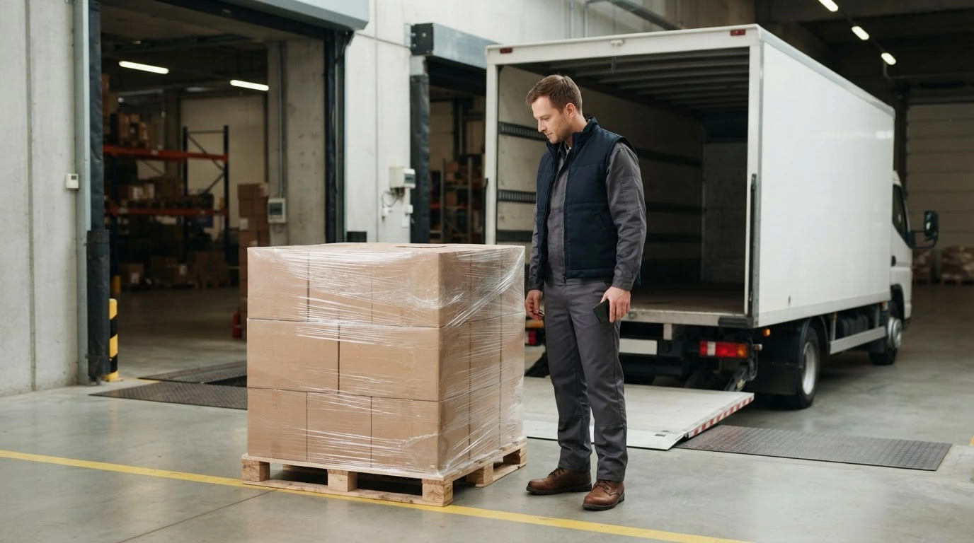 A freight receiver checks an intact wrapped pallet beside an unbranded truck at a loading dock