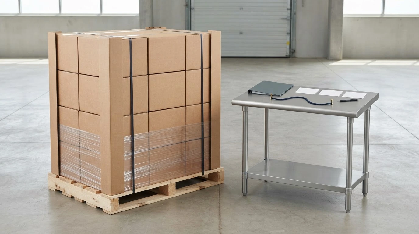 A secured freight pallet beside a blank lane and rate review station in a freight terminal.