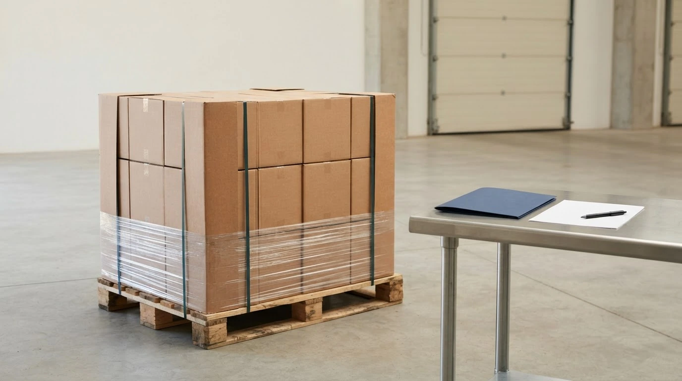 A secured pallet beside a blank certification document station in a freight preparation bay