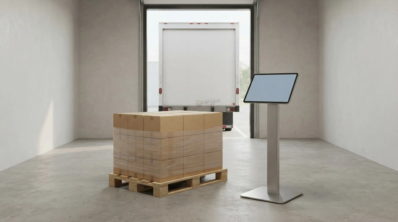 A blank tablet on a shipping stand beside a prepared pallet at an unbranded loading dock.