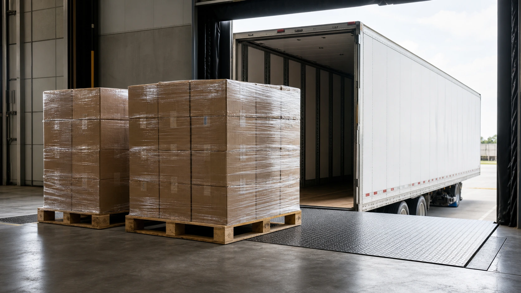 Palletized LTL freight staged at a terminal for transfer between trailers