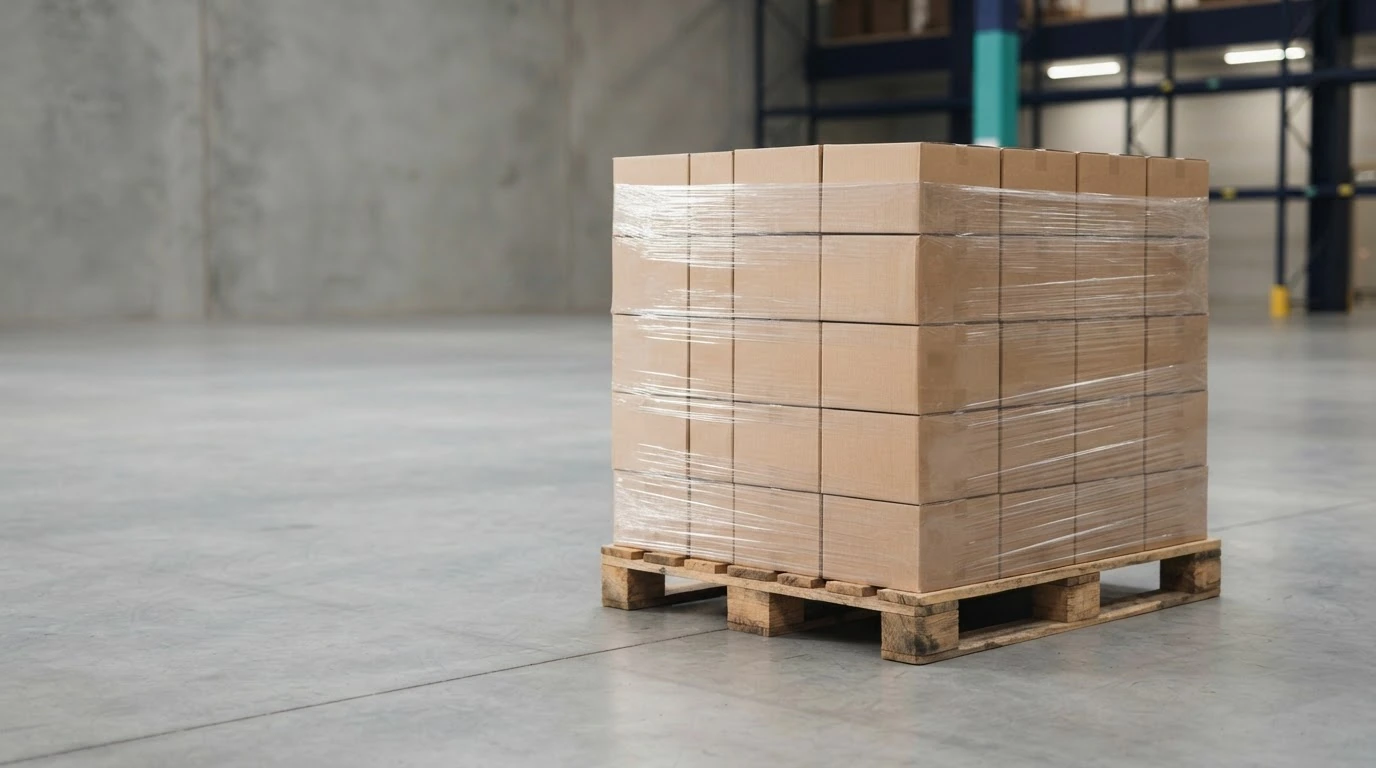 A neatly stacked and stretch-wrapped pallet of plain cartons in a clean warehouse.