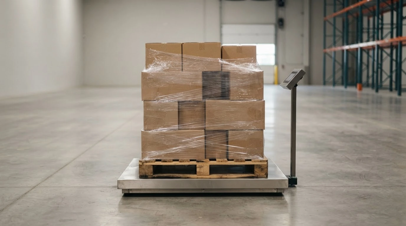 A wrapped pallet centered on a plain platform scale in an uncluttered warehouse.