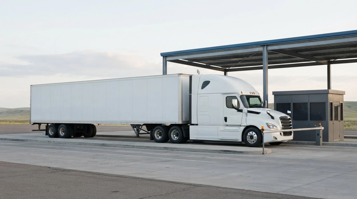A sealed freight trailer waiting at a North American border inspection lane