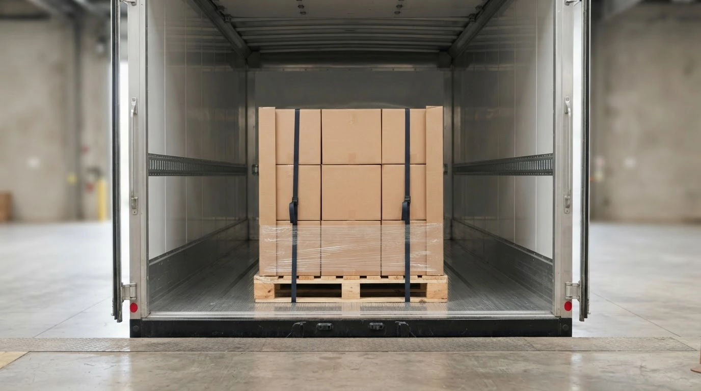 A single secured pallet inside an otherwise empty dedicated freight truck.